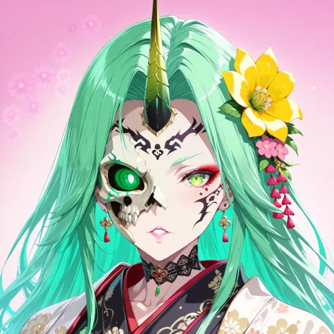 1 girl, solo, length_hair, looking at_in_viewer, green_eye, simple_background, hair_ornament, red_eye, jewelry by T, green_hair, flower, rings, parted_lips, Horns, teeth, Japanese_Clothes, (artist :Hideo Kojima:1.32), dull_前hair, hair_flower, object, tint...