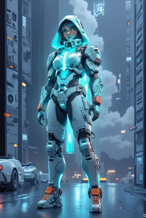 A vibrant, detailed and futuristic full body illustration showcasing a 21-year-old Caucasian female game character dressed in a futuristic, mech-like silver hooded armor jacket over a glowing neon blue top, silver armor pants and futuristic armor boots wit...