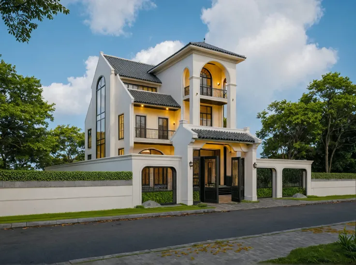 Raw photo,Masterpiece, high quality, best quality, authentic, super detail,
exterior, outdoors, house style indochine on the street ,aiaigroup
road,pavement, grass, trees, sky, cloud, (day:1.1)