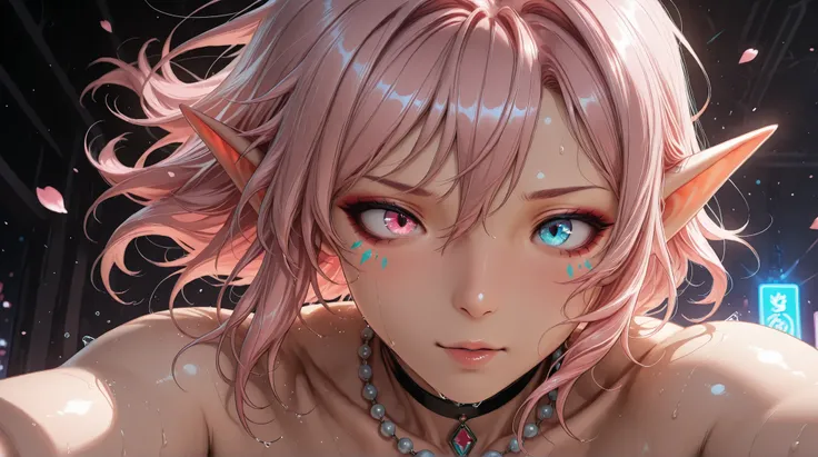 breathtakingly beautiful, ultra-HD 8K close-up, dramatic negative space, hyper-detailed features, flawless porcelain skin, realistic subsurface scattering, subtle pink blush gradients, micro-droplets of sweat, massive sparkling heterochromatic eyes, 4K ref...