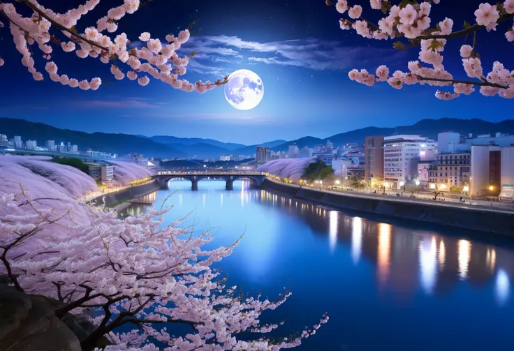 pictures,city, full moon,Mysterious night sky,river,cherry blossoms