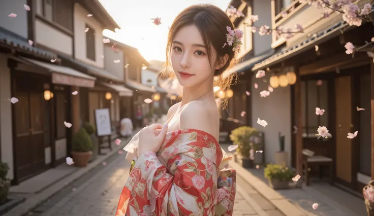 A woman is wearing a kimono, the streets of Kyoto, Japan, lots of cherry blossoms falling, the setting sun is shining in, the woman is looking back and smiling slightly, a fantastical landscape