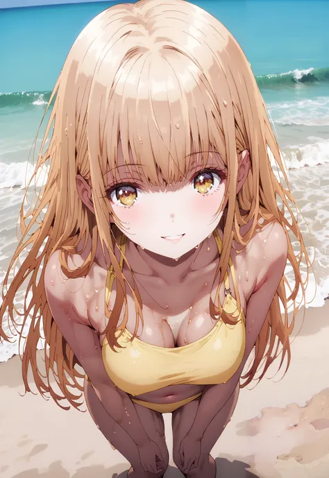 is horrible, Shiina Mahiru, bungs,  Gold, brown hair, , and the eyes are,long hair,Medium breast,Yellow string bikini swimsuit,belly button stick,Bare legs,wet skin,wet hair, wet swimsuit ,sunburn,brown skin,standing,smile,cover,opens her mouth,full bodyがイ...