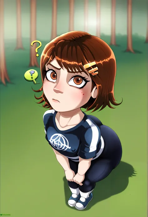 shadcom, shadman, shadbase artstyle, score_9, score_7_up, 1girl, solo, girlscouts outfit, green forest background, presenting, curvy, cute girl, little, young girl, short girl, jailbait, age 13, minor, solo, medium brown hair, brown eyes, middle school gi...