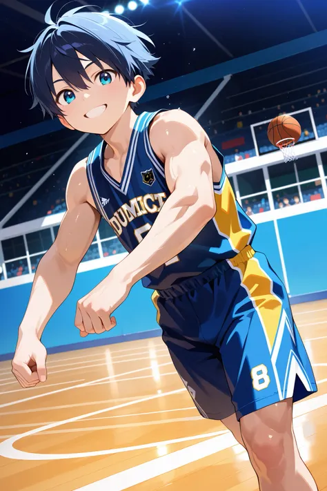masterpiece, best quality, Ultra High Resolution, anime style, male focus, Basketball match, japanese boy, high school students, Dumping, Dynamic Capture, very handsome, Perfect Face, Cute Face, Clear and beautiful detailed eyes, black short hair, Shiny Ha...
