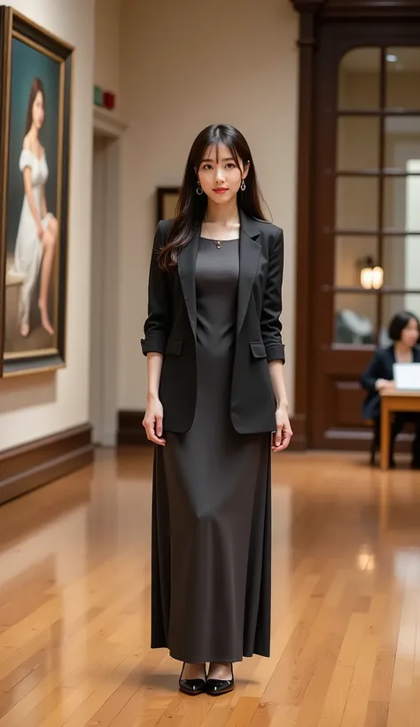 A classy Japanese woman wearing a modest long dress and a tailored blazer, standing in an art museum, observing a classic painting with quiet appreciation, warm lighting reflecting off polished floors, sophisticated and contemplative atmosphere, full-body ...