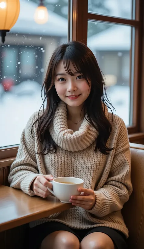 A gentle Japanese woman wearing a thick knitted sweater and a wool scarf, sitting by the window of a quiet café, holding a warm cup of tea as snow falls outside, soft candlelight creating a relaxing ambiance, full-body shot, ultra-realistic.
