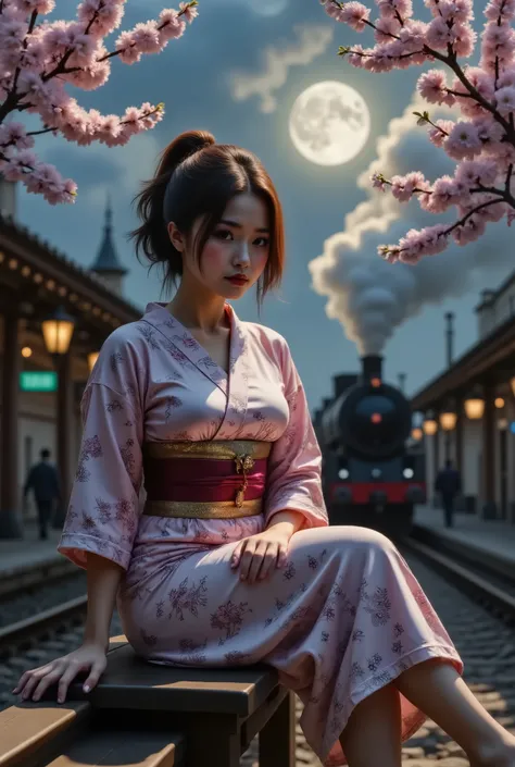 1 girl, solo, wearing Kimono , steam punk, train station, sakura flowers ,sakura flowers windblow , sitting on station chairs , train  , steam,dark majestic  night , moonlight , smoke, masterpiece, highly detailed,HDR,8k resolution, best quality, 