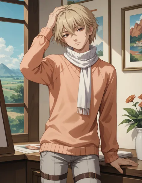 score_9, score_8_up, score_7_up, source_anime, 1boy, slim, bishounen, hand in head, male focus, solo, sensisono, light blonde hair, brown eyes, hair between eyes, short hair, white scarf, bangs, salmon sweater, turtleneck, shirt, intricate clothing, fantas...