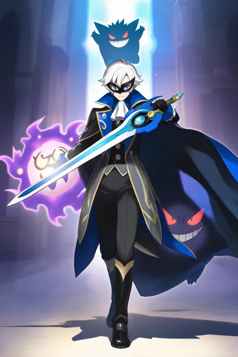 best quality, (Extremely detailed 8k unity CG wallpaper), (best illustration), (best shadow), beautiful detailed glow, (()), boy, short white hair, blue eyes, aristocrat outfit, masked, engolfed by Gengar, cloak Spiritomb, the sword pokemon honedge in hand...