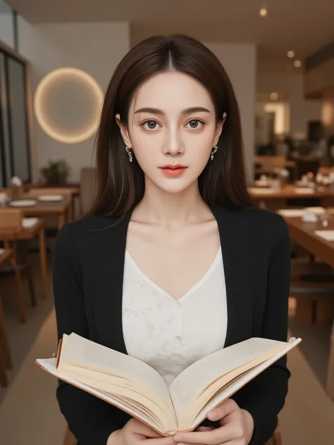 Portrait of a young woman sitting aside at a table in a restaurant. she is wearing a black cardigan over a white blouse with a floral pattern. she has short dark hair and is wearing round glasses. the woman is holding a book in her hands and is looking dir...