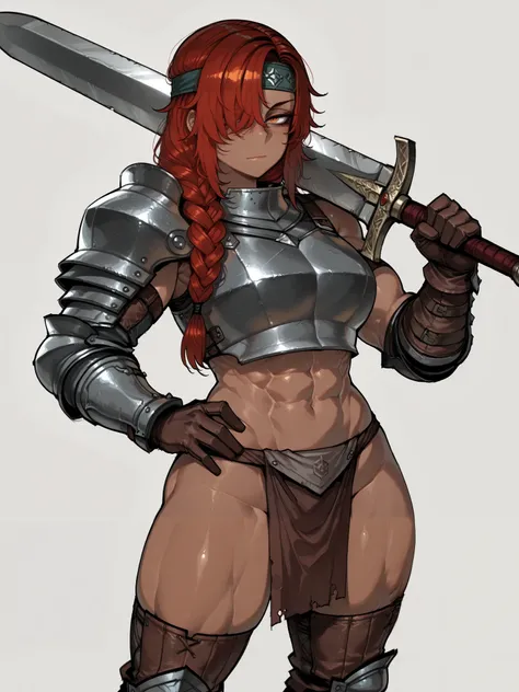 ((ratatatat74)), 1girl, abs, armor, asymmetrical bangs, boots, armored boots, steel shoulder armor, steel gauntlets, steel breastplate, brown footwear, brown gloves, closed mouth, dark-skinned female, dark skin, freckles, gloves, greatsword, hair over one ...
