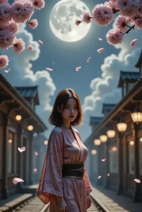 1 girl, solo, wearing Kimono , steam punk atmosphere , train station, sakura flowers ,sakura flowers windblow , stand beside of train  , steam,dark majestic  night , moonlight , smoke, masterpiece, highly detailed,HDR,8k resolution, best quality, 
