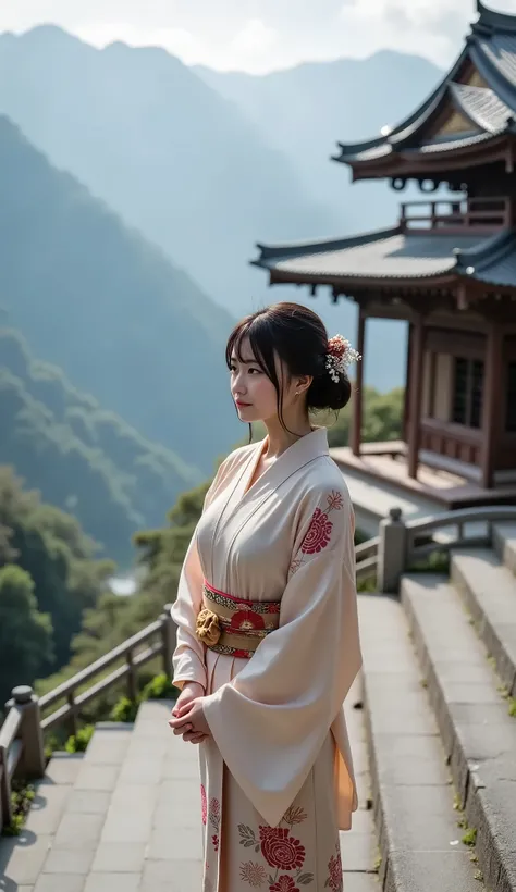 A serene Japanese woman wearing a simple and elegant traditional kimono, standing on the steps of an old mountain temple, gazing at the misty landscape, hands gently clasped, calm and meditative atmosphere, full-body portrait, highly detailed.