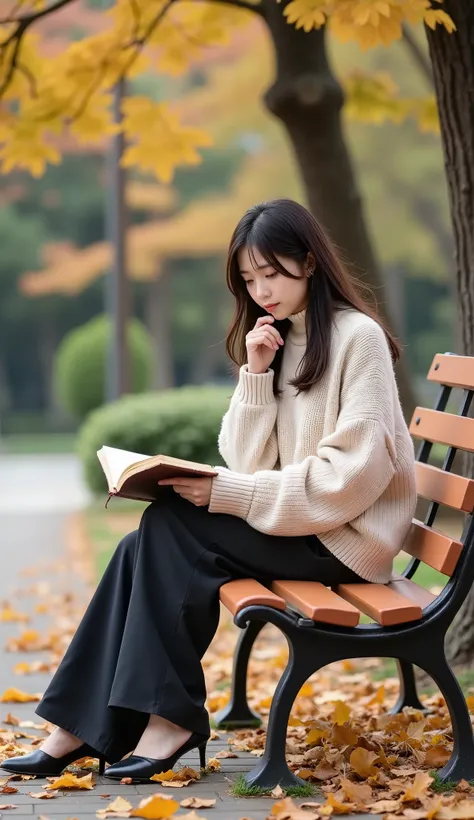 A thoughtful Japanese woman wearing a cozy oversized sweater and wide-leg pants, sitting on a park bench covered in autumn leaves, reading a book while a gentle breeze rustles the pages, warm and nostalgic atmosphere, full-body portrait, highly detailed.