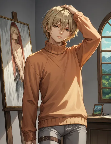 score_9, score_8_up, score_7_up, source_anime, 1boy, slim, bishounen, hand in head, male focus, solo, sensisono, light blonde hair, brown eyes, hair between eyes, short hair, bangs, salmon sweater, turtleneck, shirt, intricate clothing, fantasy style, embr...