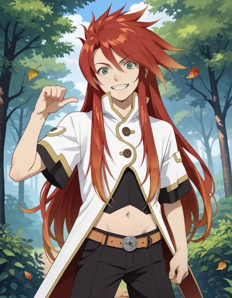 score_9, score_8_up, score_7_up, source_anime, solo, male focus, 1boy, lukefon, big eyes, red hair, long hair, orange hair tips, green eyes, smirk, teeth, shirt, black undershirt, coat, high collar, white coat, midriff, black pants, cowboy shot, leaves, tr...