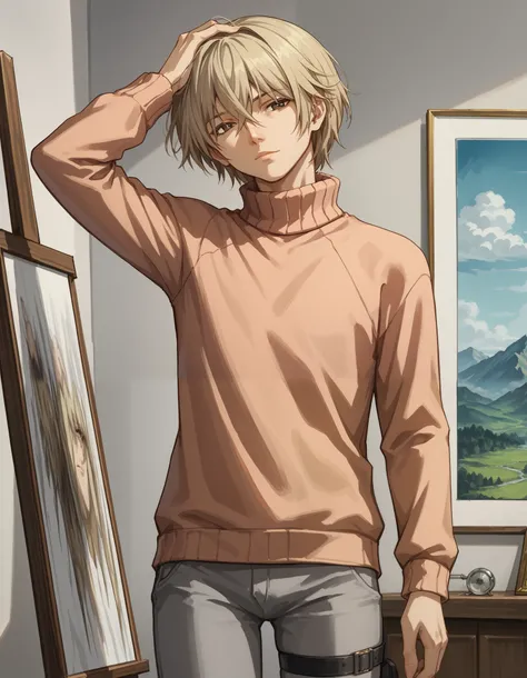 score_9, score_8_up, score_7_up, source_anime, 1boy, slim, bishounen, hand in head, male focus, solo, sensisono, light blonde hair, brown eyes, hair between eyes, short hair, bangs, salmon sweater, turtleneck, shirt, long sleeves, grey pants, closed mouth,...