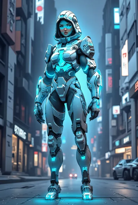 A vibrant, detailed and futuristic full body illustration showcasing a 21-year-old Caucasian female game character dressed in a futuristic, mech-like silver hooded armor jacket over a glowing neon blue top, silver armor pants and futuristic armor boots wit...