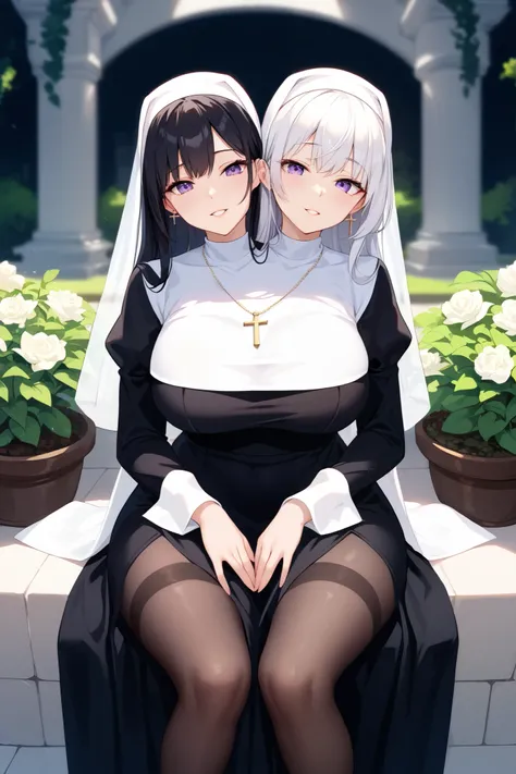 conjoined, 2girls, 2heads, two heads, a tall thin girls with 2 heads, white hair, black hair, purple eyes, large breasts, front shots, white nun clothes, pelvic curtain, black dress, long sleeves, cross necklace, garden, black veil, sitting