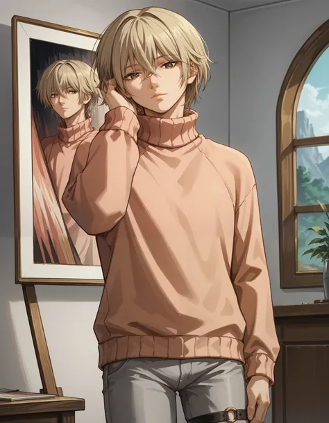 score_9, score_8_up, score_7_up, source_anime, 1boy, slim, bishounen, hand in head, male focus, solo, sensisono, light blonde hair, brown eyes, hair between eyes, short hair, bangs, salmon sweater, turtleneck, shirt, long sleeves, grey pants, closed mouth,...