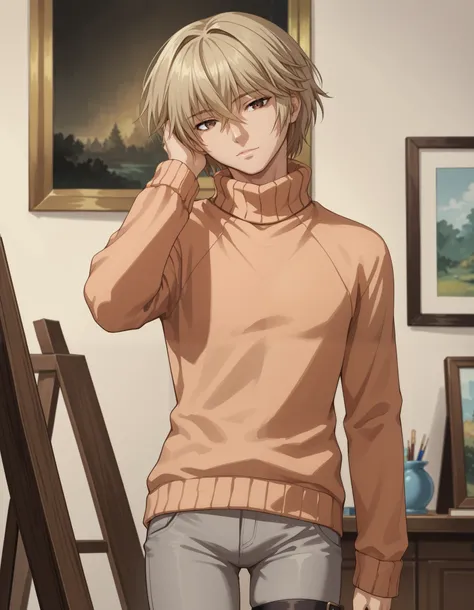 score_9, score_8_up, score_7_up, source_anime, 1boy, slim, bishounen, hand in head, male focus, solo, sensisono, light blonde hair, brown eyes, hair between eyes, short hair, bangs, salmon sweater, turtleneck, shirt, fantasy style, long sleeves, grey pants...