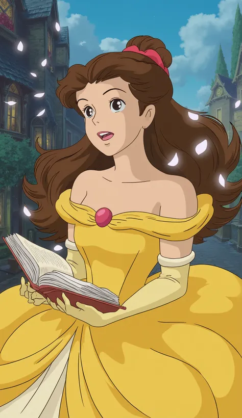 Ghibli-Style Belle (Studio Ghibli Inspired)**
**Prompt:**
*"A beautiful anime-style illustration of Belle from Disney, reimagined in Studio Ghibli's signature art style. She has soft, expressive eyes with a warm, kind gaze, and her face has gentle shad...