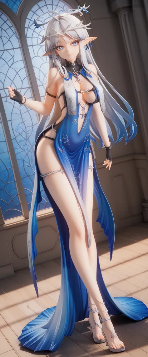 Fullbody, head to toe, score_9, score_8_up, score_7_up, source_anime, highly detailed figure,ohwx, 1girl, solo, white hair, breasts, blue eyes, hair_ornament, large_breasts, long_hair, elf ponty ears, jewelry, earrings, ribbon, long white blue hair, ahoge,...