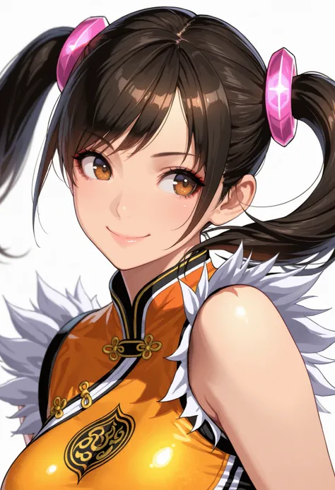 masterpiece,best quality,ultra detailed,8K,super fine illustration,highly detailed beautiful face and eyes,perfect anatomy,professional lighting,1girl,ling xiaoyu,tekken,tekken 7,safe,solo,looking to the side,smile,solo,white background,depth of field,