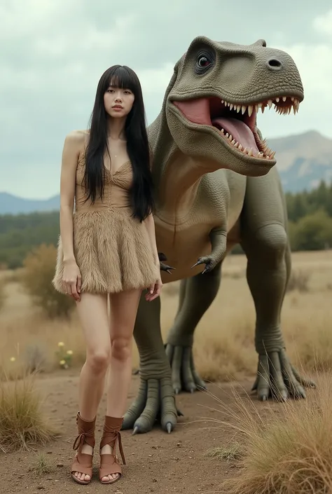 Create a portrait of a stunning Japanese female singer, featuring a slender physique with small breasts and thin legs. She has long hair with bangs and is wearing a primitive fur mini dress. The scene captures her standing beside a Tyrannosaurus Rex for a ...