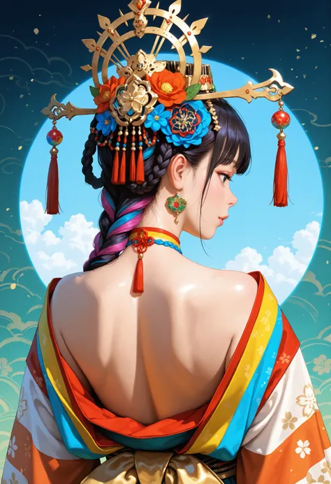 Upper body of a young girl, wearing intricate ethnic traditional clothing, adorned with colorful and vibrant floral headpieces, long braided hair styled in numerous intricate braids flowing down her back, highly detailed, realistic, vivid colors, artstatio...