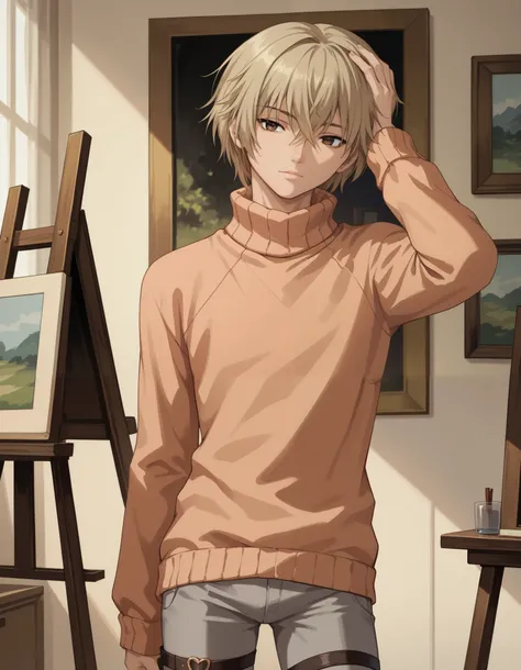 score_9, score_8_up, score_7_up, source_anime, 1boy, slim, bishounen, hand in head, male focus, solo, sensisono, light blonde hair, brown eyes, hair between eyes, short hair, bangs, salmon sweater, turtleneck, shirt, fantasy style, long sleeves, grey pants...