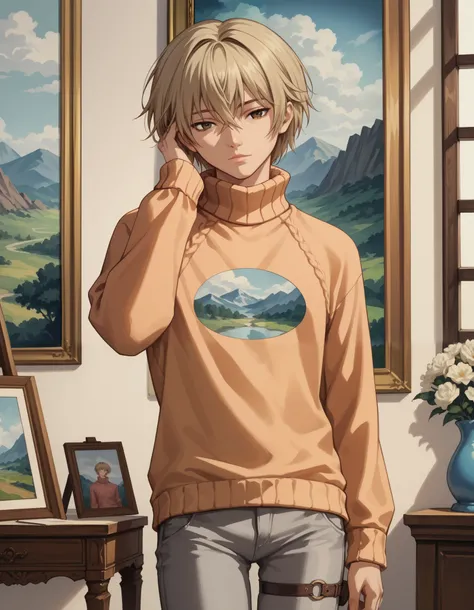 score_9, score_8_up, score_7_up, source_anime, 1boy, slim, bishounen, hand in head, male focus, solo, sensisono, light blonde hair, brown eyes, hair between eyes, short hair, bangs, salmon sweater, turtleneck, shirt, intricate clothing, fantasy style, embr...