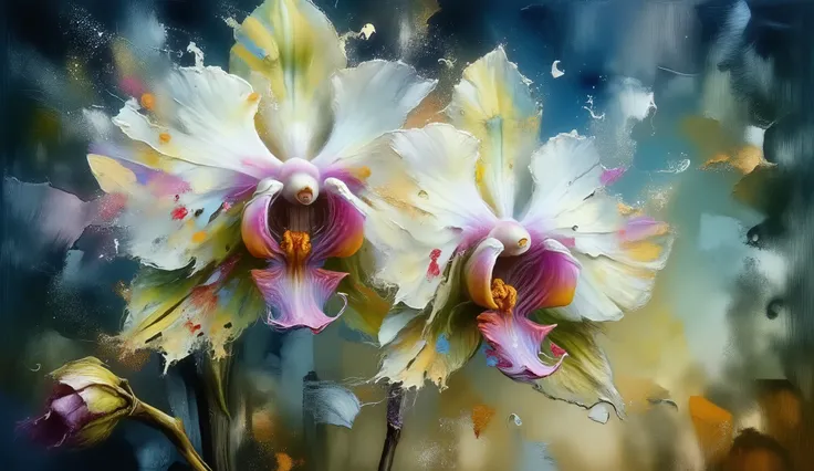 oil painting, surreal fantasy, impressionism, orchid, drops of blood making the spots in the white orchid, background blue and yellow.: ominous, 8k, collodion wet paint photo, feng zhu, simon stålenhag, steve simpson, acrylic painting