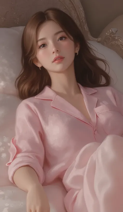 sleeping girl, 22 years old, realistic, she is wearing long pants , I'm wearing pink pajamas, brown hair.