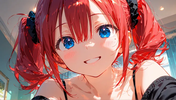 masterpiece , best quality, 1girl, high twintails, short twintails, round eyes, black scrunchie, bangs, hair between eyes, red hair, blue eyes eyes, mole under left eye, , Parker, looking at viewer, smiling, in the room, hyper detailed, anime, (hard-edged:...