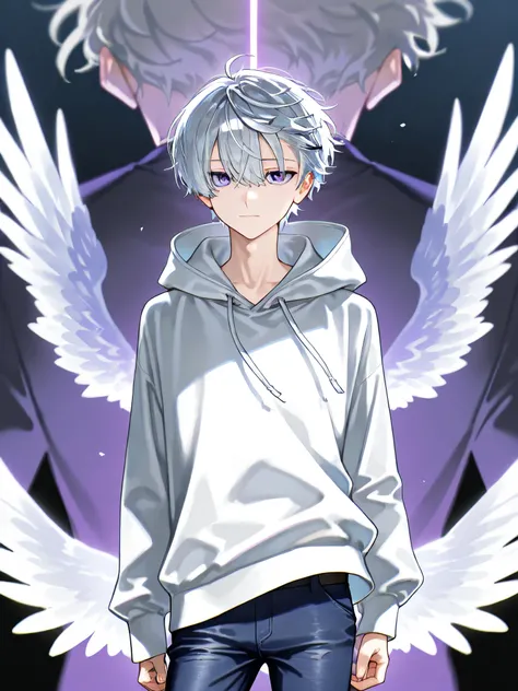 of the best quality,high definition, male,one person only,人物は male一名のみ,
Silver hair close to white,silver hair,Purple Delicate Eyes,There is a big white wolf behind the M-shaped cross with bangs,Short hair with volume and wings,
Curly hair,There is a sligh...