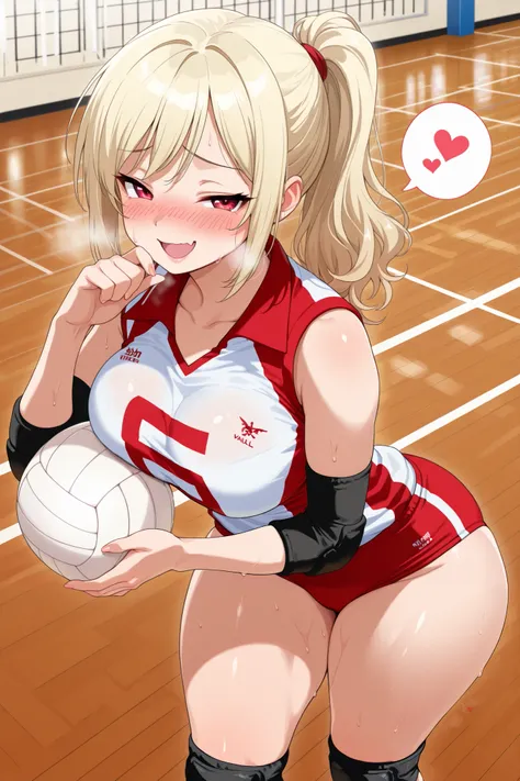 masterpiece, best quality, amazing quality, perfect anatomy, 1 girl ,solo, gyaru, (holding ball:1.4), (seductive pose:1.4), (sexy pose:1.4), thick thighs, Collared volleyball uniforms, sleeveless, buruma, volleyball knee pads, elbow sleeve, (old Full spher...