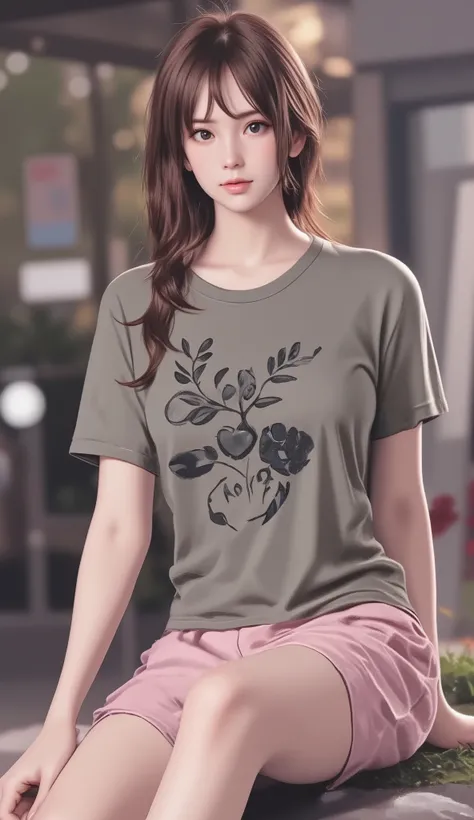sleeping girl, 22 years old, realistic, (Big Breasts、deep cleavage), she is wearing long pants , I'm wearing pink pajamas, brown hair.