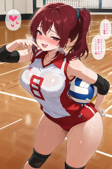 masterpiece, best quality, amazing quality, perfect anatomy, 1 girl ,solo, gyaru, (holding ball:1.4), (seductive pose:1.4), (sexy pose:1.4), thick thighs, Collared volleyball uniforms, sleeveless, buruma, volleyball knee pads, elbow sleeve, (old Full spher...