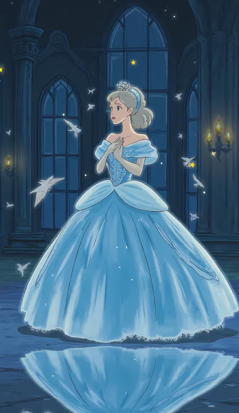 Ghibli-Style Cinderella (Enchanted Ballroom Scene)**
**Prompt:**
*"A Studio Ghibli-inspired illustration of Cinderella in her iconic silver-blue ballgown, standing in a grand, dreamy ballroom at midnight. Her dress flows with soft, painterly layers—tra...