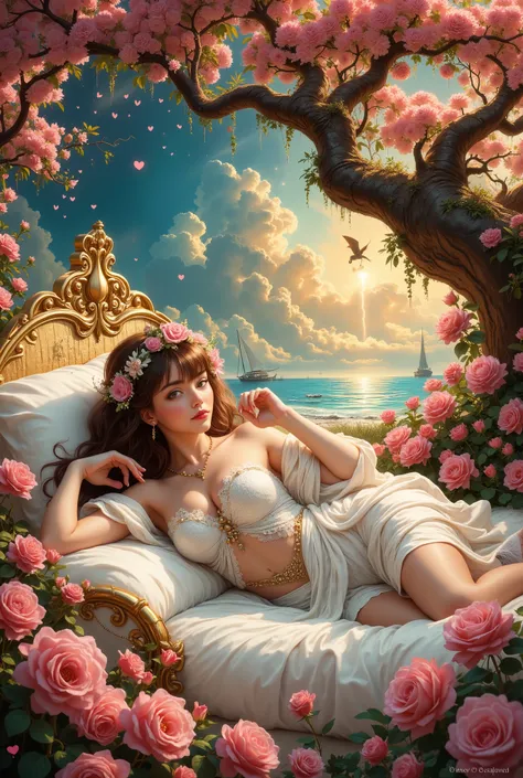 Draw a Passion that depicts a girl bathing in roses and flowers abundance, The picture they want to touch, so lively and Beautiful, oil painting style, 8k, small hearts as if drawing patterns on it, and her eyes are full of desire and Temptation, Beautifu...