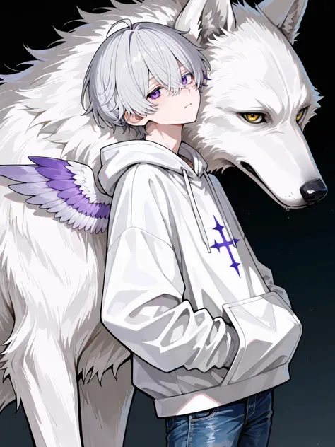 of the best quality,high definition, male,one person only,人物は male一名のみ,
Silver hair close to white,silver hair,Purple Delicate Eyes,There is a big white wolf behind the M-shaped cross with bangs,Short hair with volume and wings,
Curly hair,There is a sligh...
