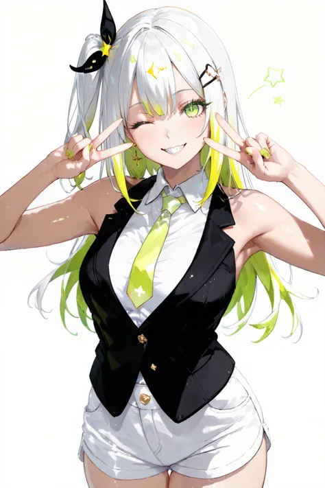 woman、one side up hair、transparent_background、sexy、sleeveless cut and sew、shorts、green color eyes、gold highlight hair、black color hair、tie、blazer、smile、shiny hair、star shaped hair pin、peace sign、colored_eyelashes、one eye closed、sharp eyes、cross-shaped high...
