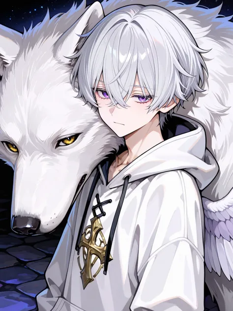 of the best quality,high definition, male,one person only,人物は male一名のみ, Silver hair close to white,silver hair,Purple Delicate Eyes,There is a big white wolf behind the M-shaped cross with bangs,Short hair with volume and wings, Curly hair,There is a sligh...