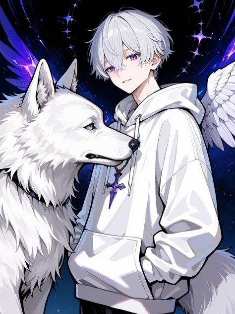 of the best quality,high definition, male,one person only,人物は male一名のみ, Silver hair close to white,silver hair,Purple Delicate Eyes,There is a big white wolf behind the M-shaped cross with bangs,Short hair with volume and wings, Curly hair,There is a sligh...