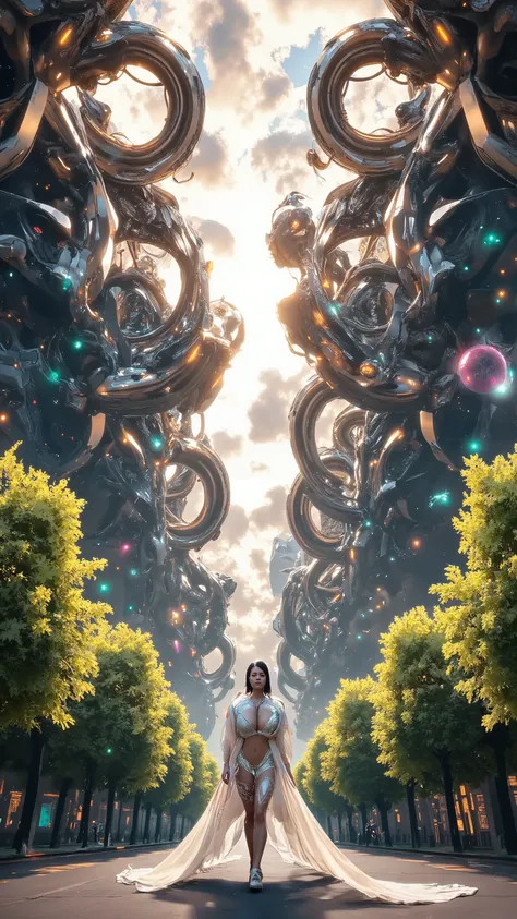 Futuristic architecture, arquitectura premiada, skyscraper architectureCity, Photographic style, rendering, Alameda de plane trees, Highly detailed dream building in the architectural styles of Oscar Niemeyer and Ernst Haeckel :: Arquiteturacore :: High co...