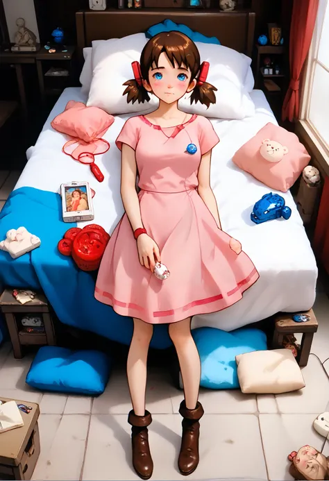  A mechanical lady is  very short pigtails, brown hair, Hair tie with two red big red clothespins, android, blue eyes, flushed cheeks, anime picture, full body figure. She closes her eyes and sleeping. She wares light pink one-piece dress and simple white ...
