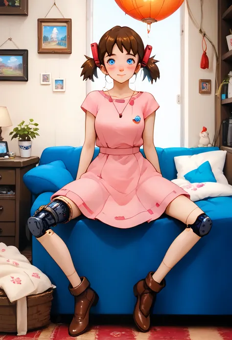  A mechanical lady is  very short pigtails, brown hair, Hair tie with two red big red clothespins, android, blue eyes, flushed cheeks, anime picture, full body figure. She closes her eyes and sleeping. She wares light pink one-piece dress and simple white ...