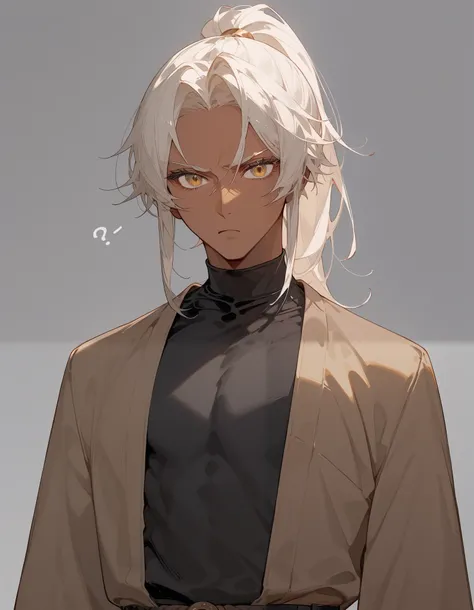 1 person, Male,tanned,In golden eyes, white hair,Black Long Sleeve Shirt,Brown Kimono Pants,for short hair, ponytail,Confused,gray background, ponytail,Long Eyelashes,Long Sleeve Shirt,Fierce face,real man ,Sun god, Long Shirt ,long bangs,